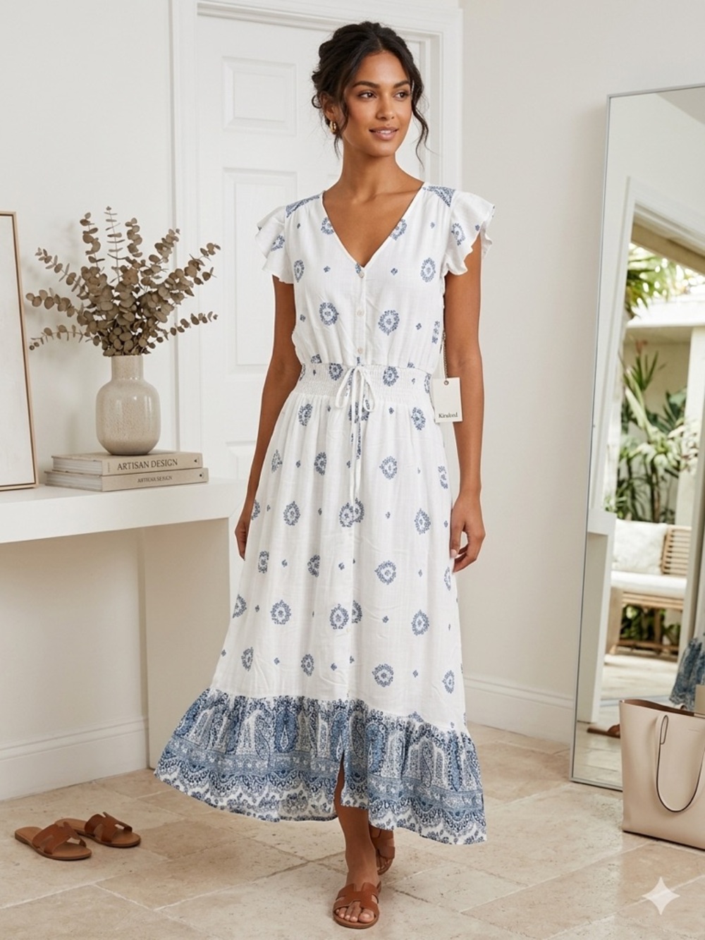 Elegant White and Blue Patterned Midi Dress